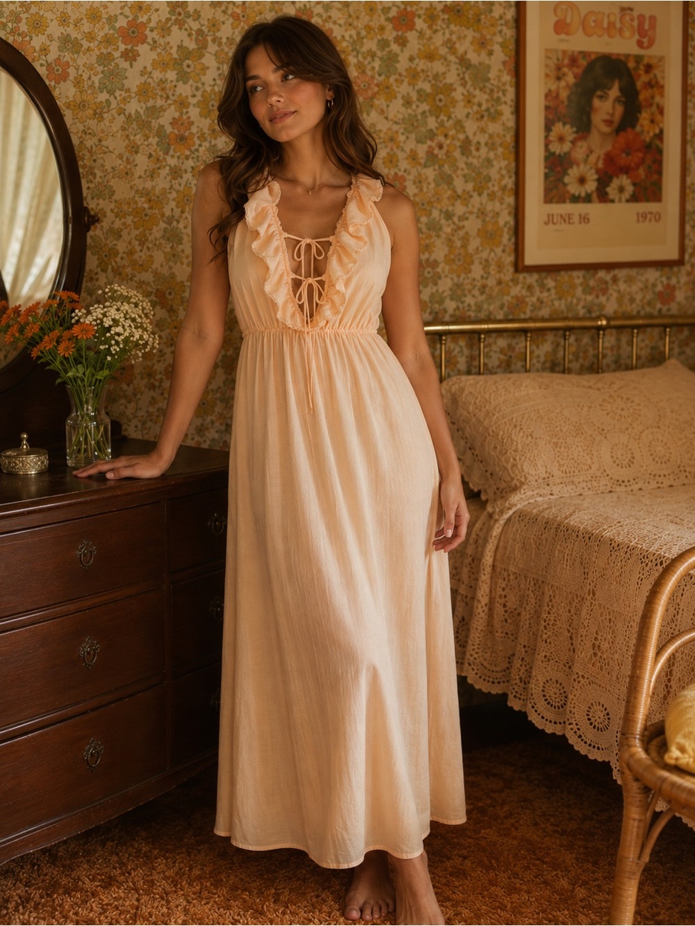 Amazing Vintage Ruffled Tie-Front Peach Maxi Chemise/Dress